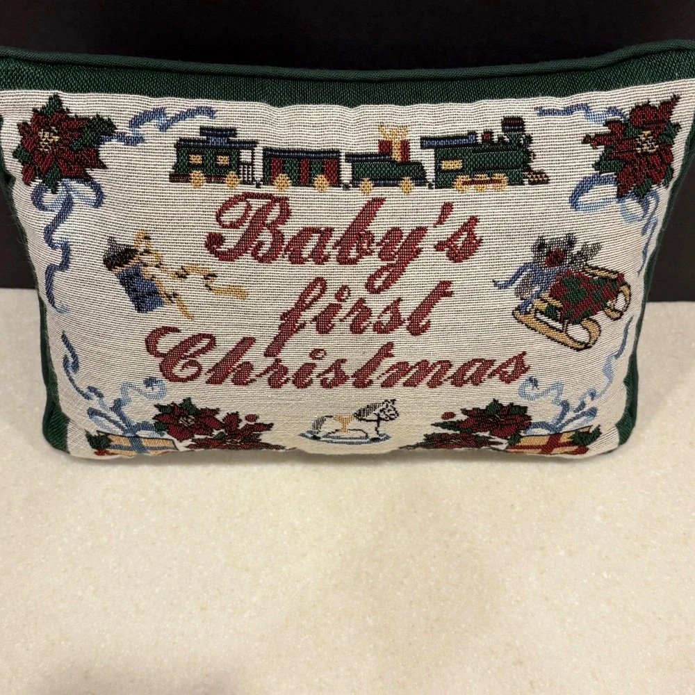 Vintage Arlee Home Fashions Baby's First‎ Christmas Tapestry Pillow ~9x12 USA